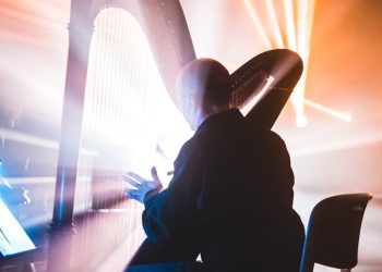 man sitting on chair playing harp